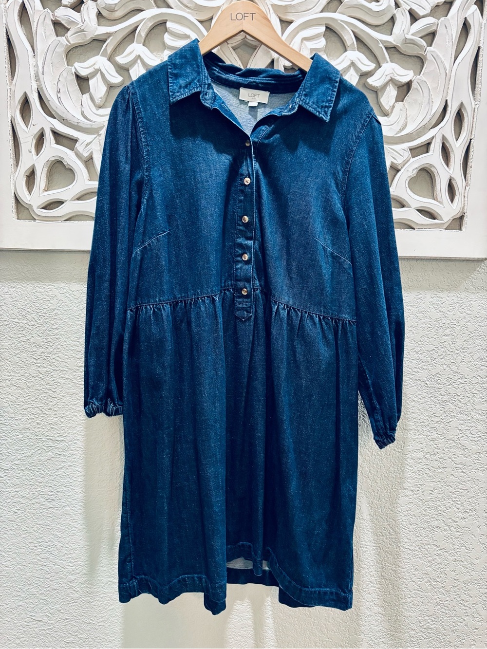 LOFT Blue Denim Button-Front Shirt Dress